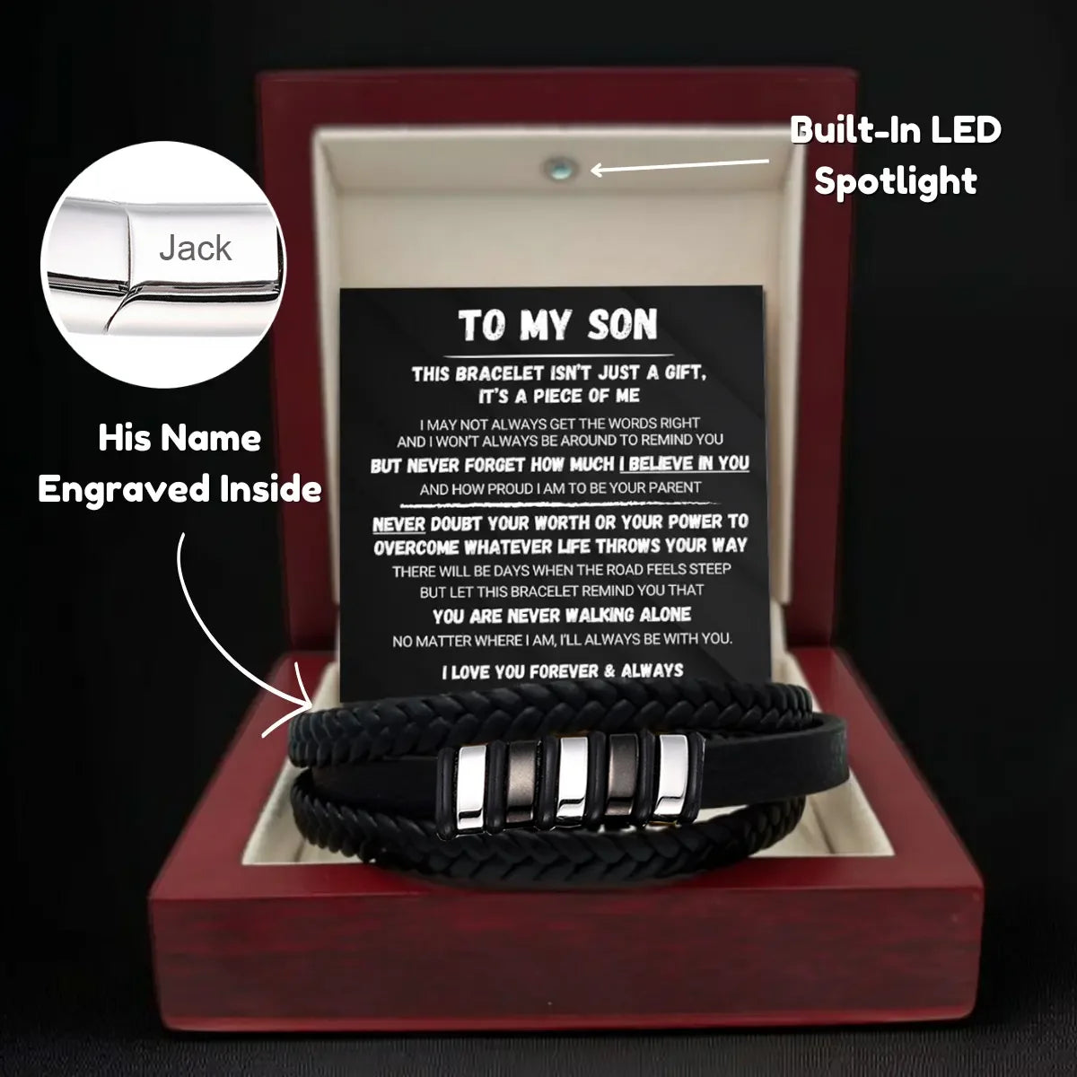 Bracelet with engraved message and 'Jack' engraving, displayed in a red box with a built-in LED spotlight.