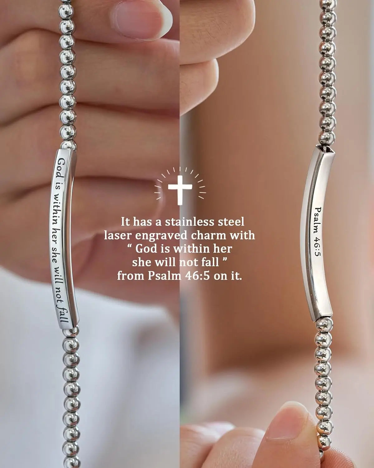 Silver bracelet with engraved text on a blurred background