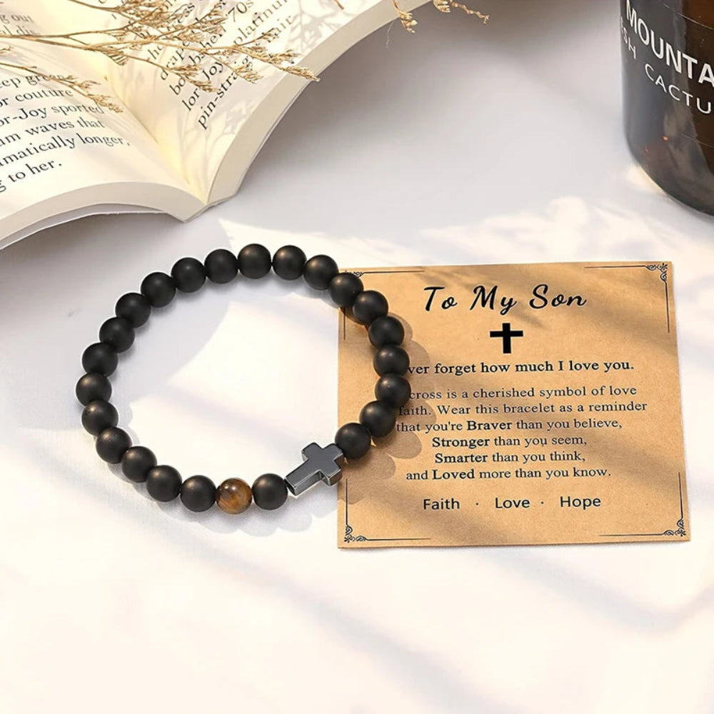 Christian cross bracelet gift for son with emotional printed message card