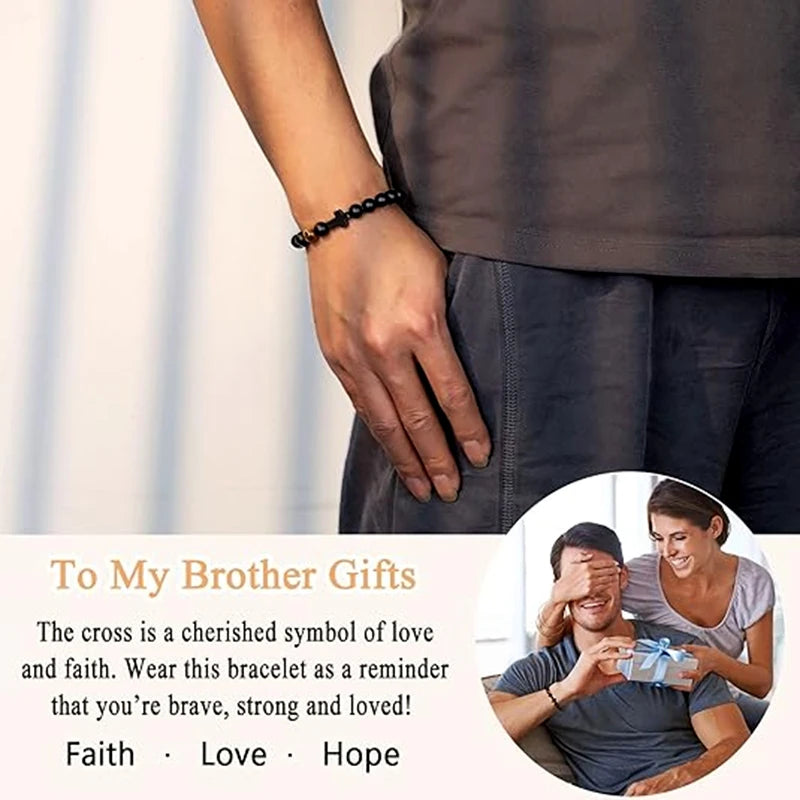 Person wearing a black beaded bracelet with text about gifts for brothers.