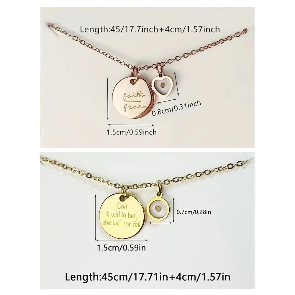 Necklace with engraved pendants and measurements on a white background