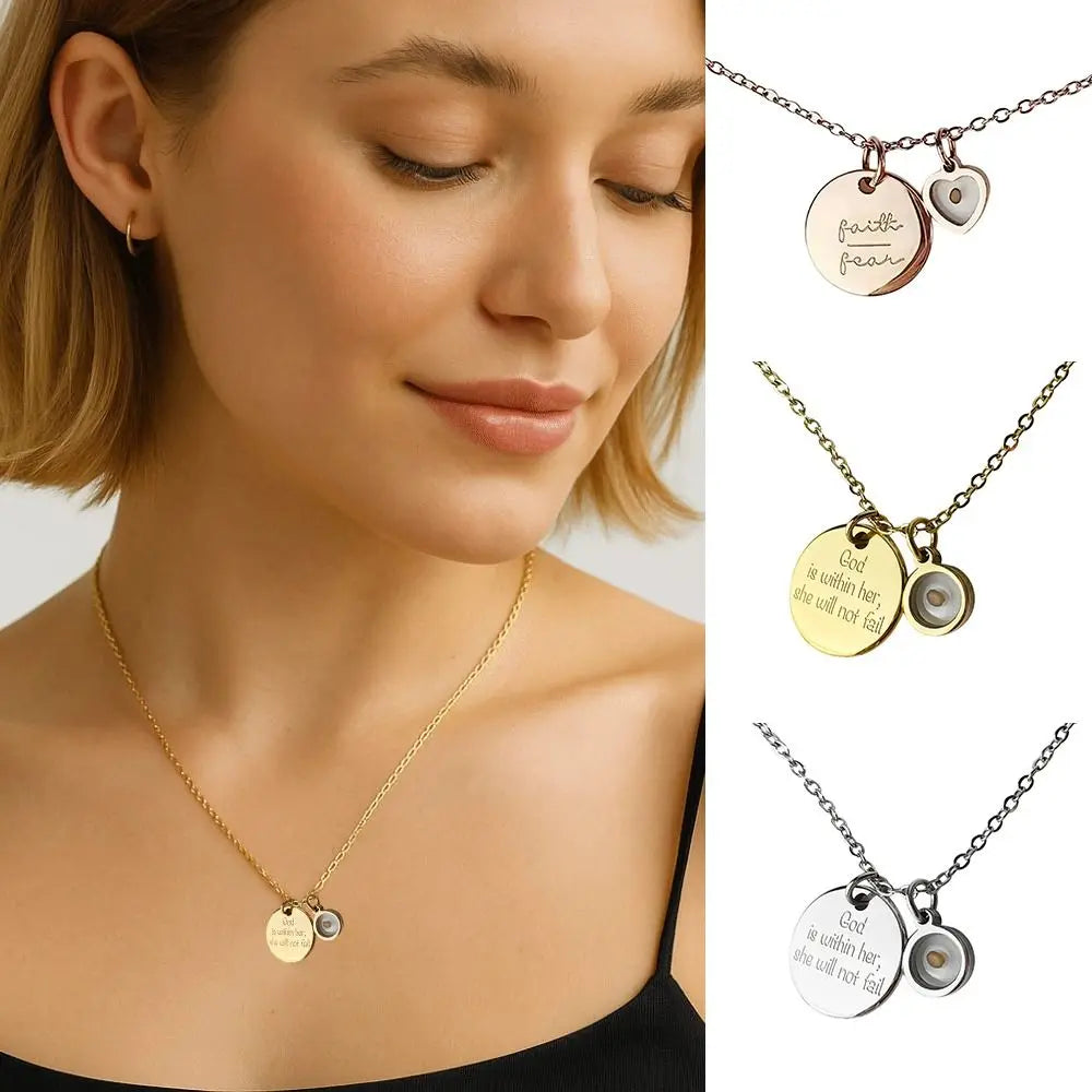 Woman wearing a gold necklace with engraved pendants, alongside images of similar necklaces.
