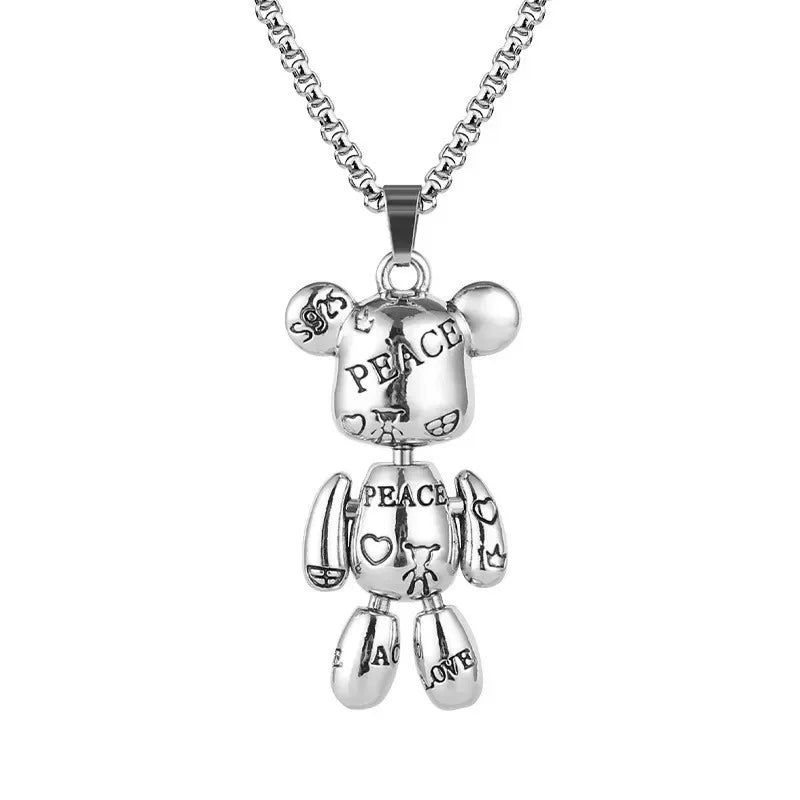 Silver teddy bear pendant necklace with 'Peace Love' text on a white background