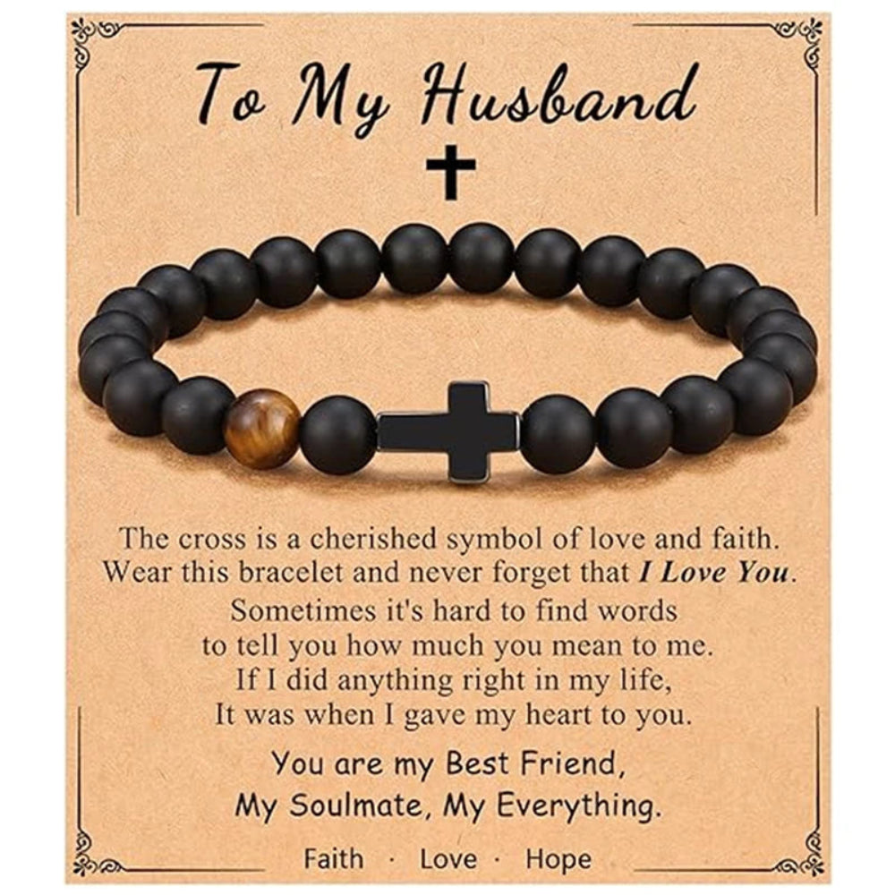 Faith cross bracelet gift for husband with heartfelt message card and natural stone beads