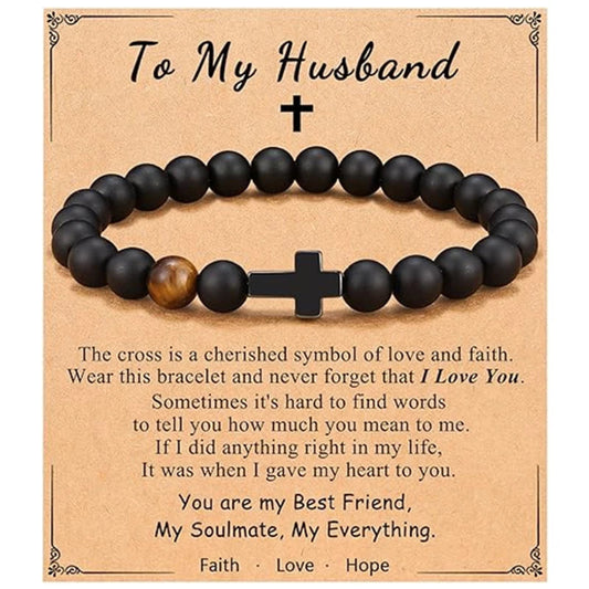 Faith cross bracelet gift for husband with heartfelt message card and natural stone beads