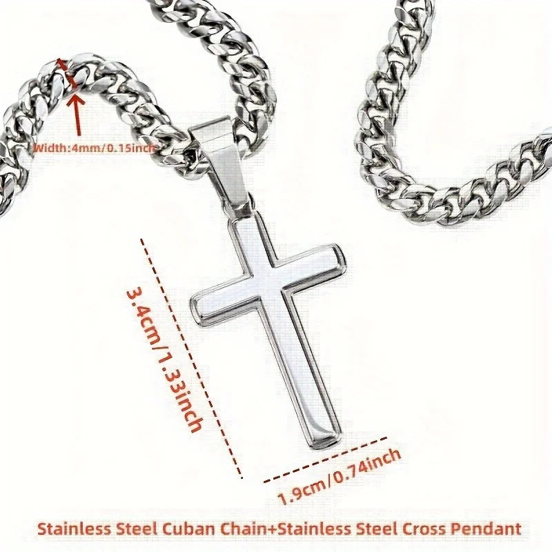 Stainless Steel Cuban Chain with Cross Pendant on a white background