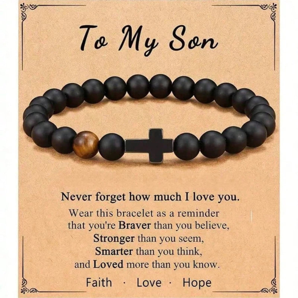 Christian cross bracelet gift for son with emotional printed message card