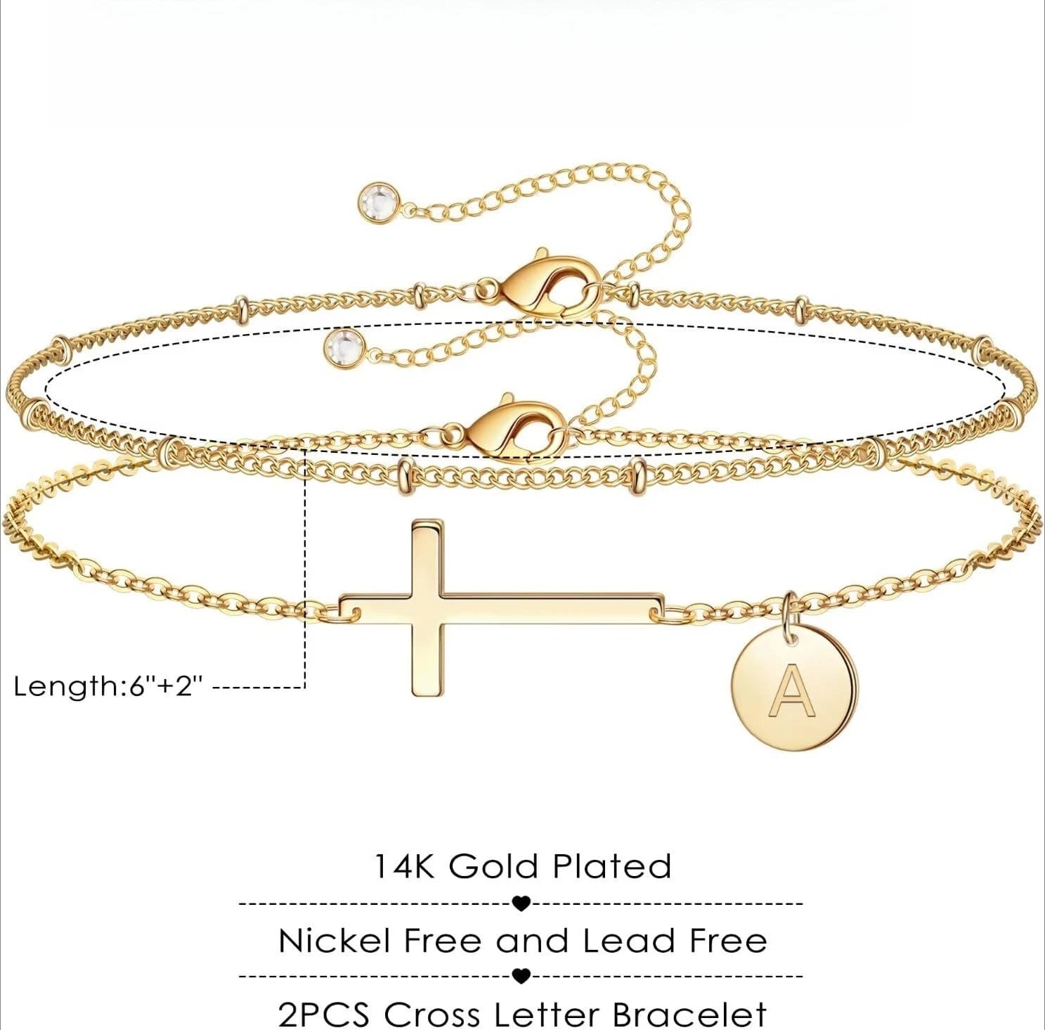 Gold-plated cross and letter 'A' bracelet set on a white background