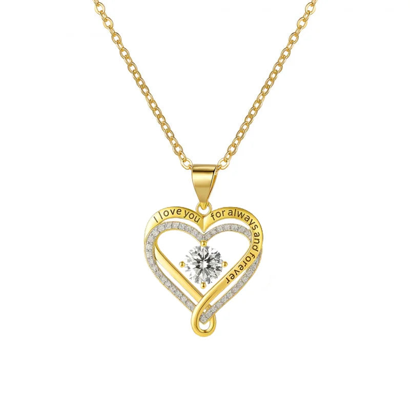 Gold heart-shaped necklace with a diamond on a white background