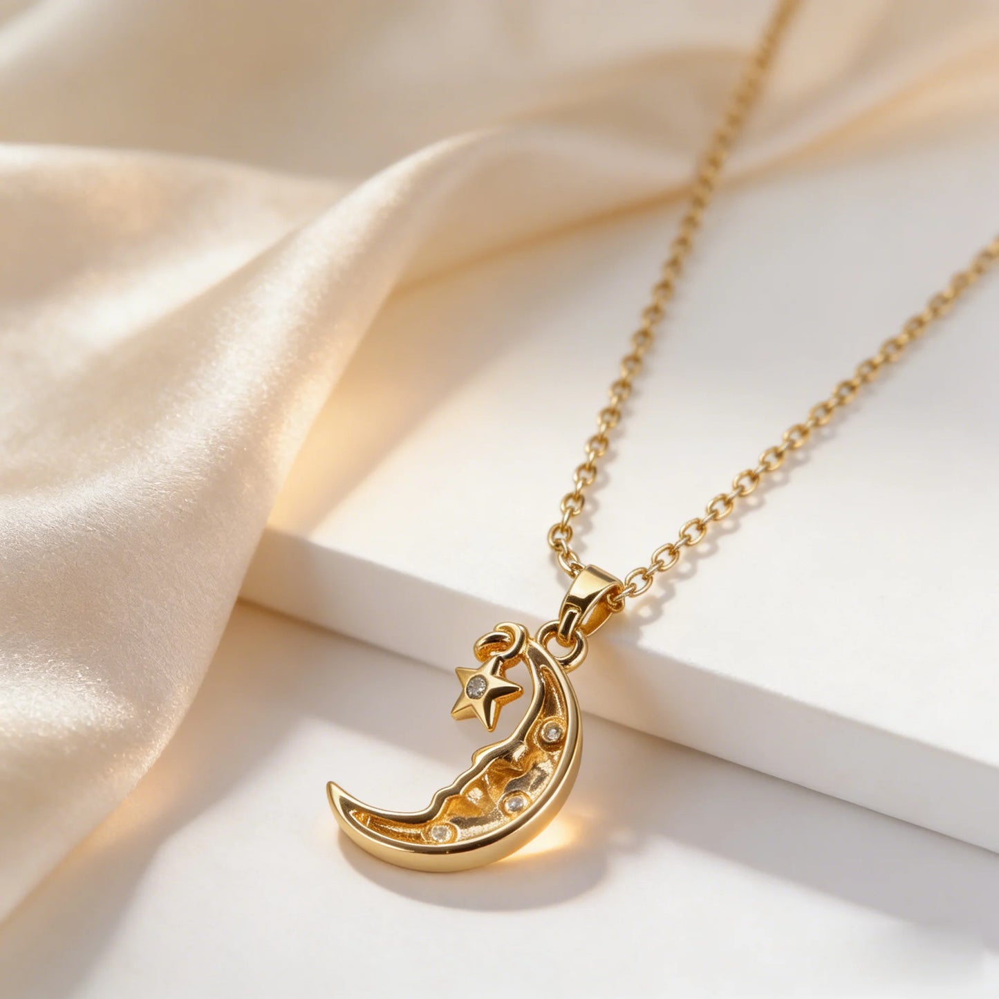Gold necklace with a moon and star pendant on a soft fabric background