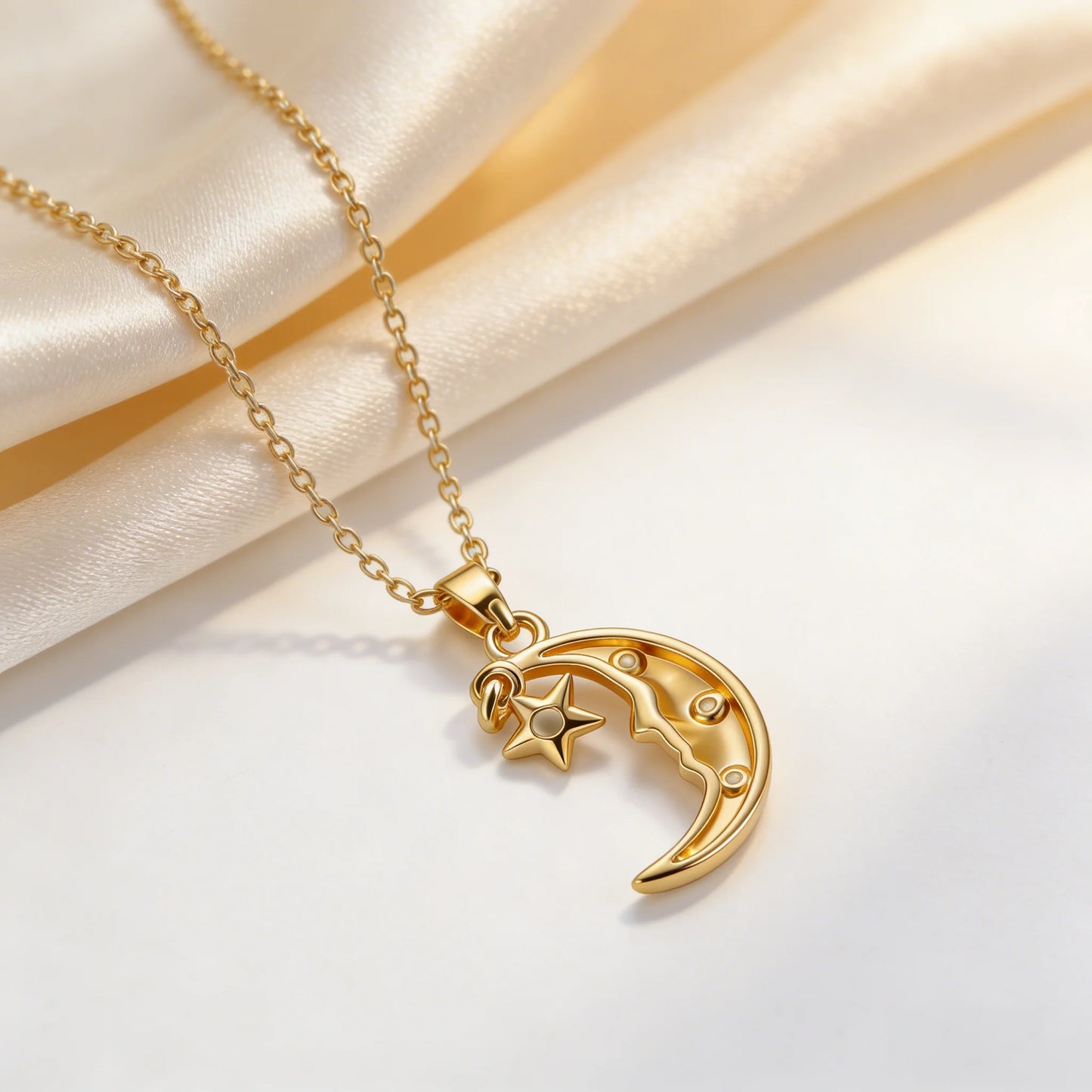 Gold necklace with a moon and star pendant on a light background