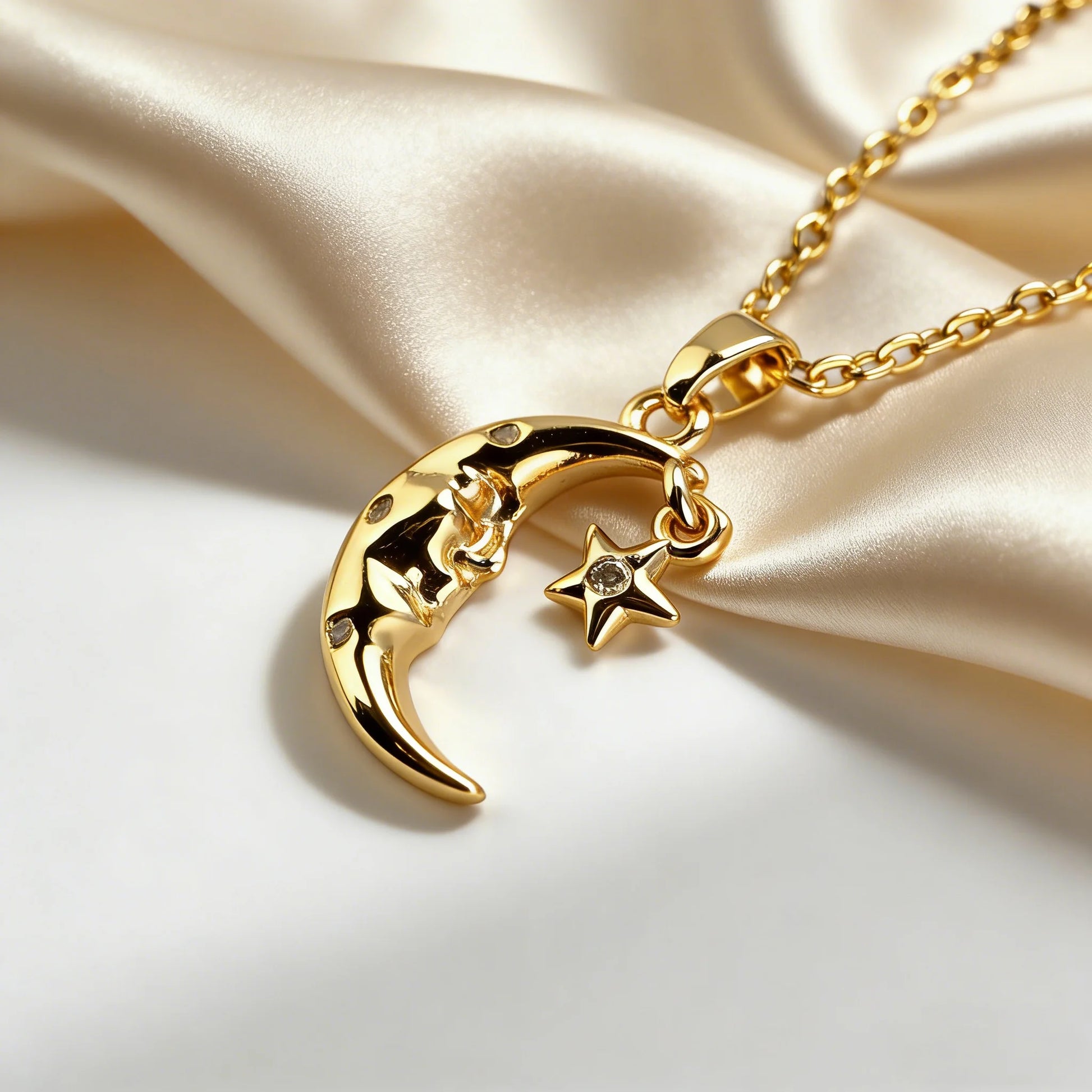 Gold necklace with moon and star pendant on a satin surface