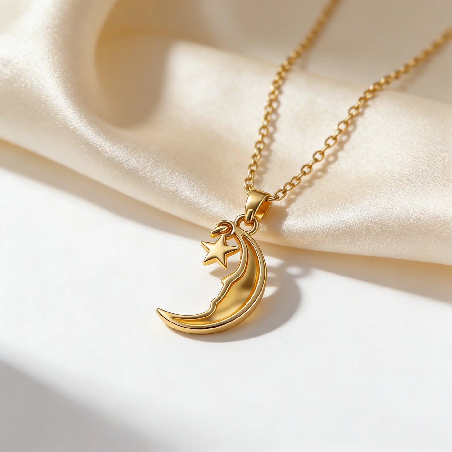 Gold necklace with a moon and star pendant on a beige fabric background
