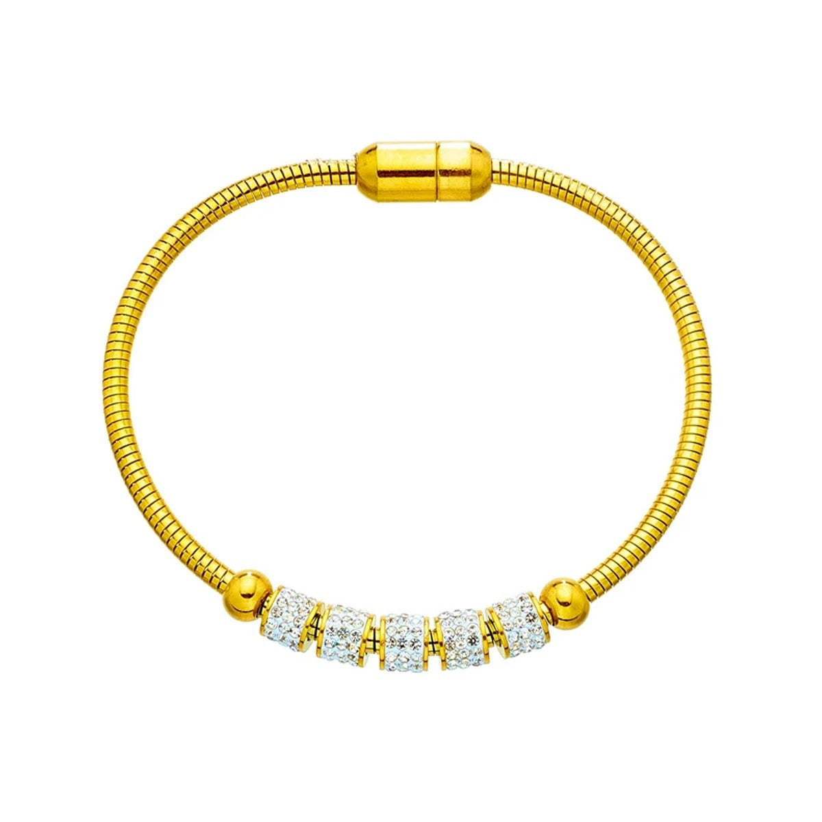 Gold bracelet with diamond accents on a white background