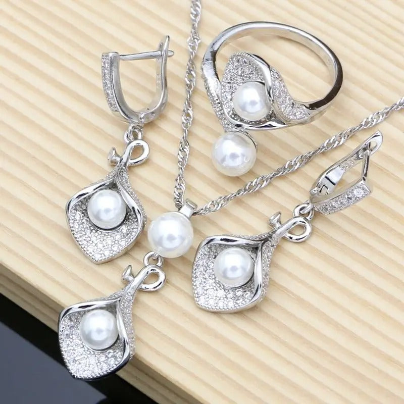 925 sterling silver pearl jewelry set with necklace, earrings and adjustable ring