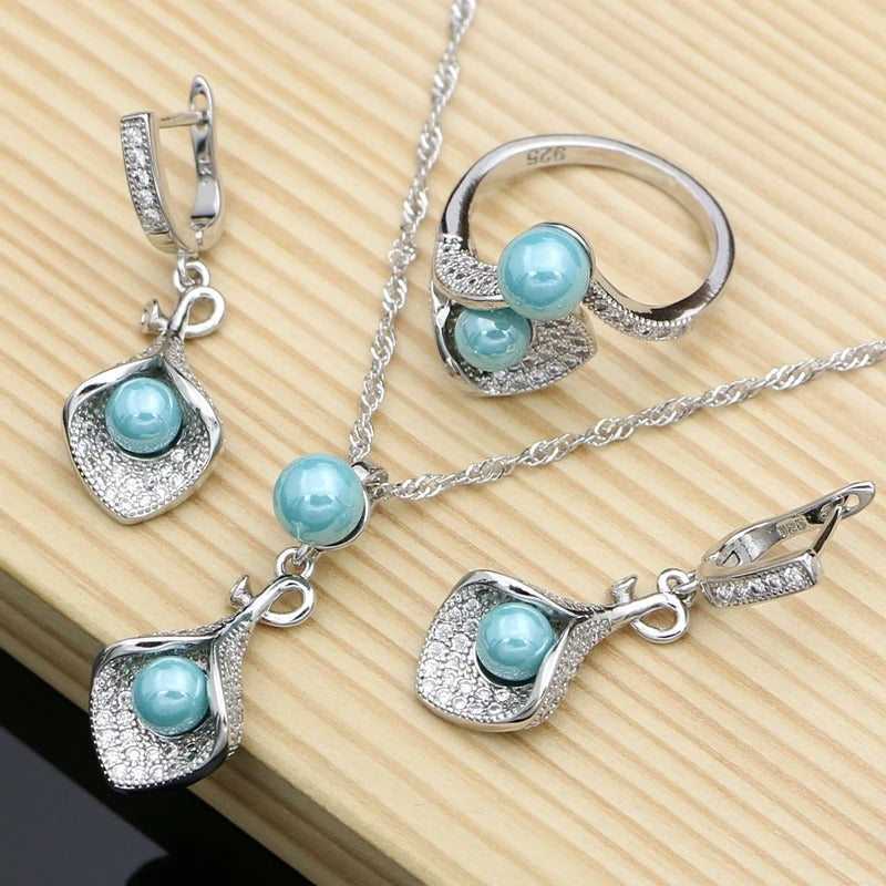 sky blue pearl sterling silver jewelry set with zircon accents