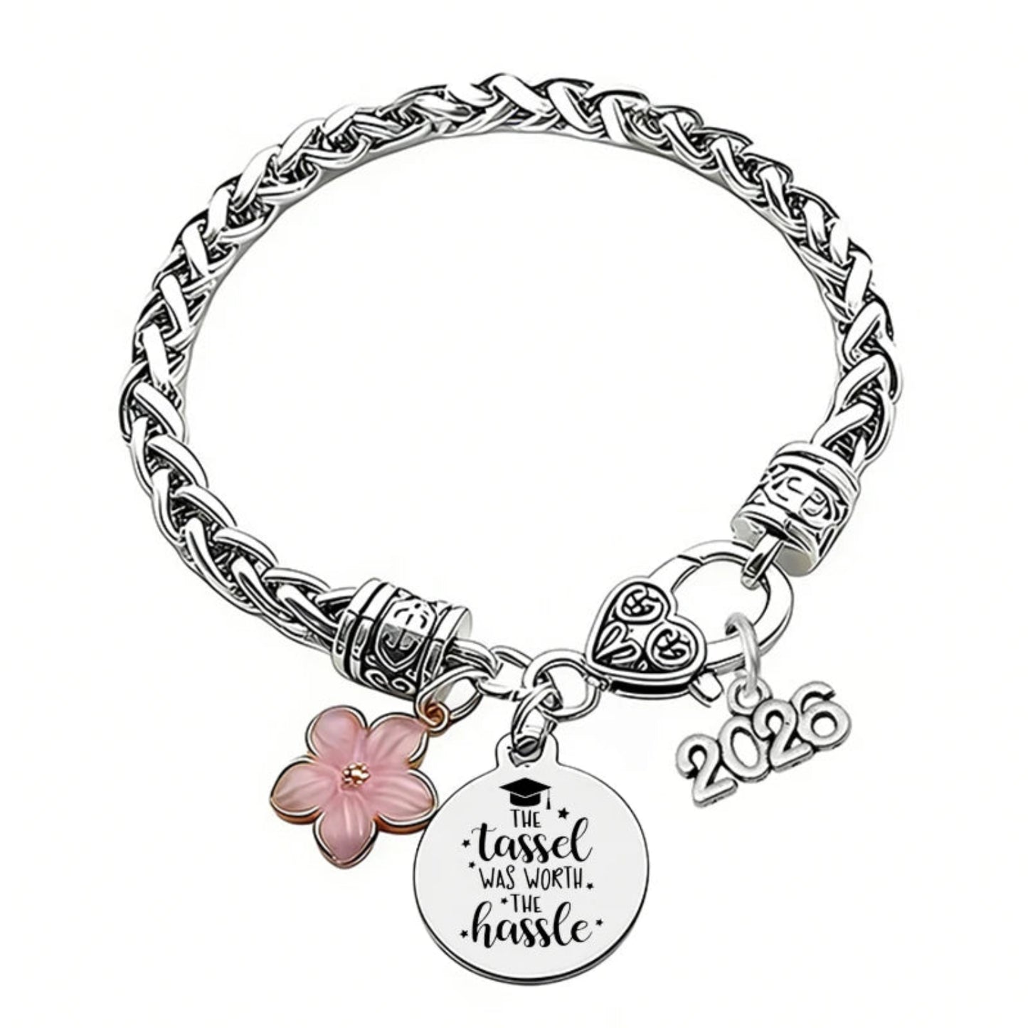 Silver bracelet with floral charm, graduation cap charm, and '2026' charm on a white background
