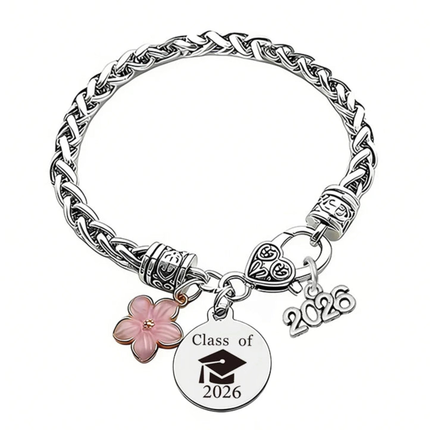 Silver bracelet with 'Class of 2026' charm on a white background