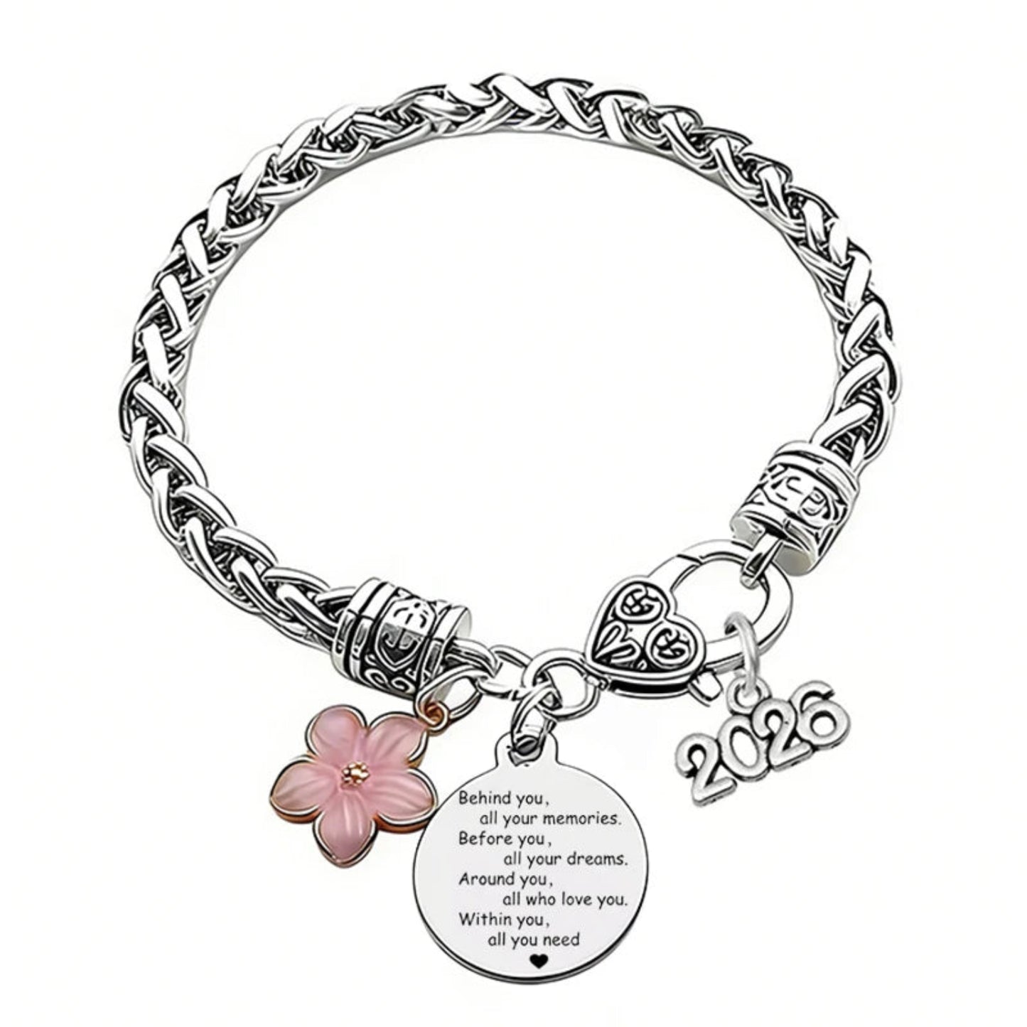 Silver bracelet with floral charm and engraved message on a white background