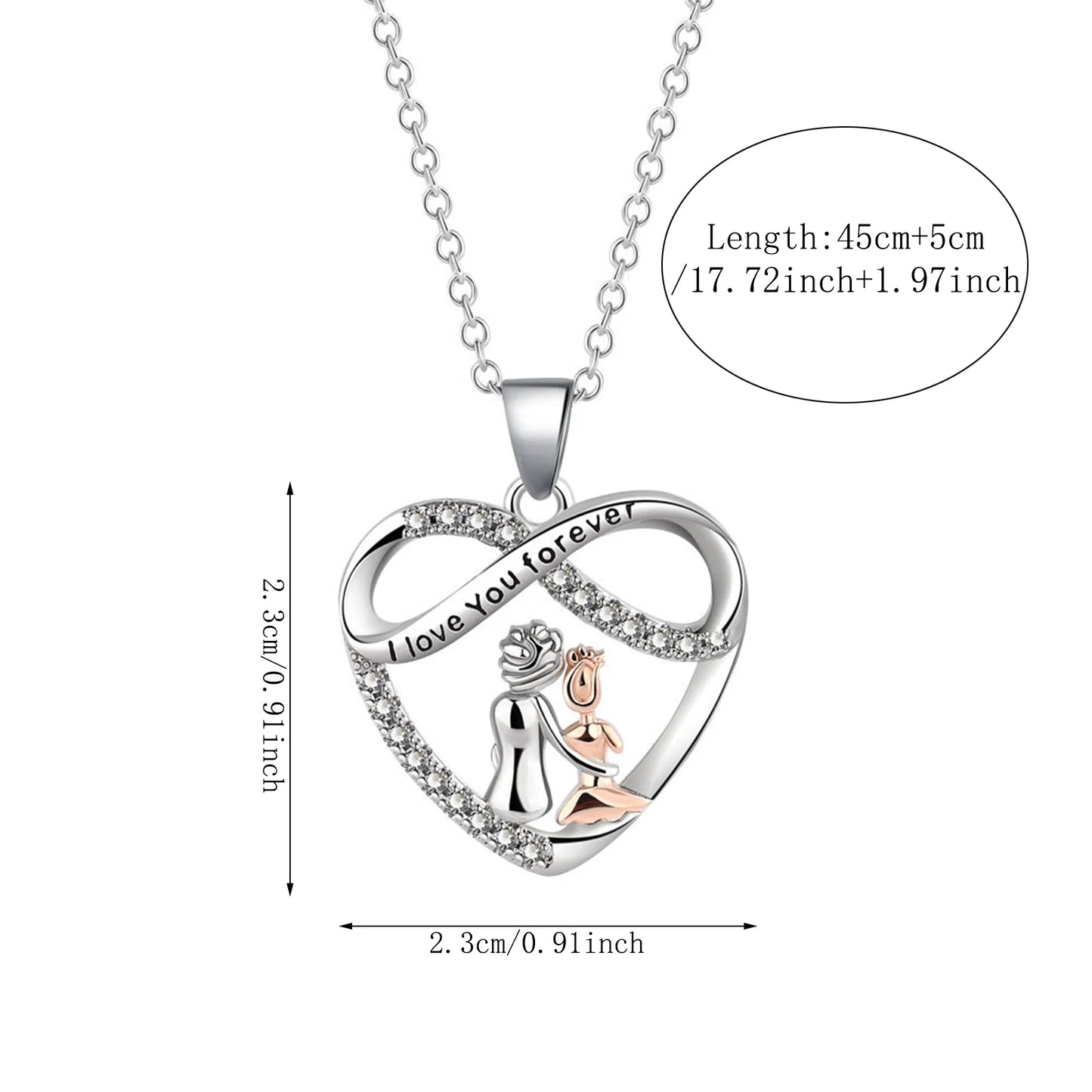 Heart-shaped pendant necklace with 'I love you forever' text on a white background