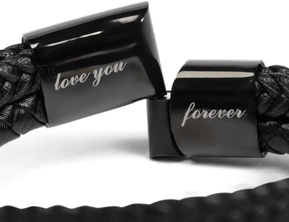 Black braided cord with metal clasp labeled 'love you' and 'forever' on a white background