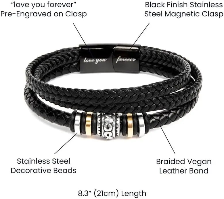Black braided vegan leather bracelet with decorative beads and engraved clasp on a white background