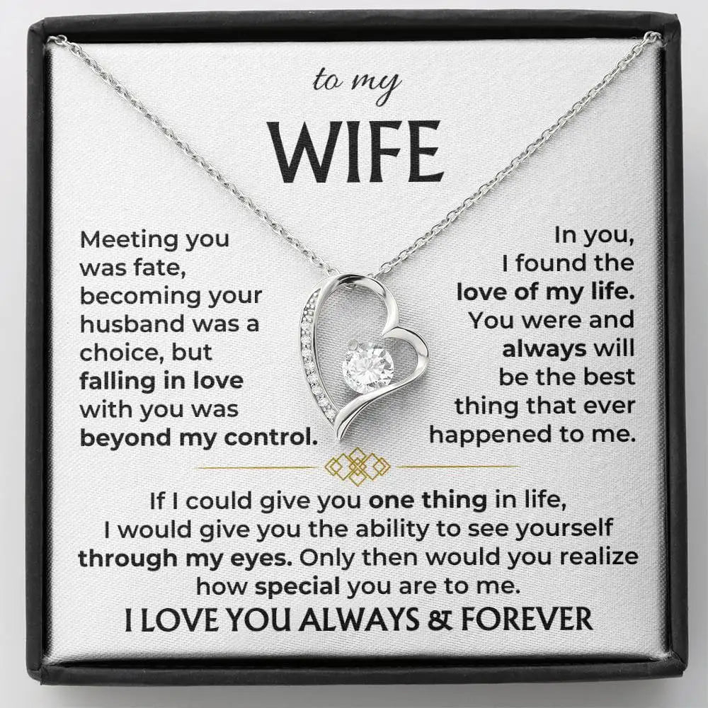 Necklace with heart design in a box with sentimental message for a wife