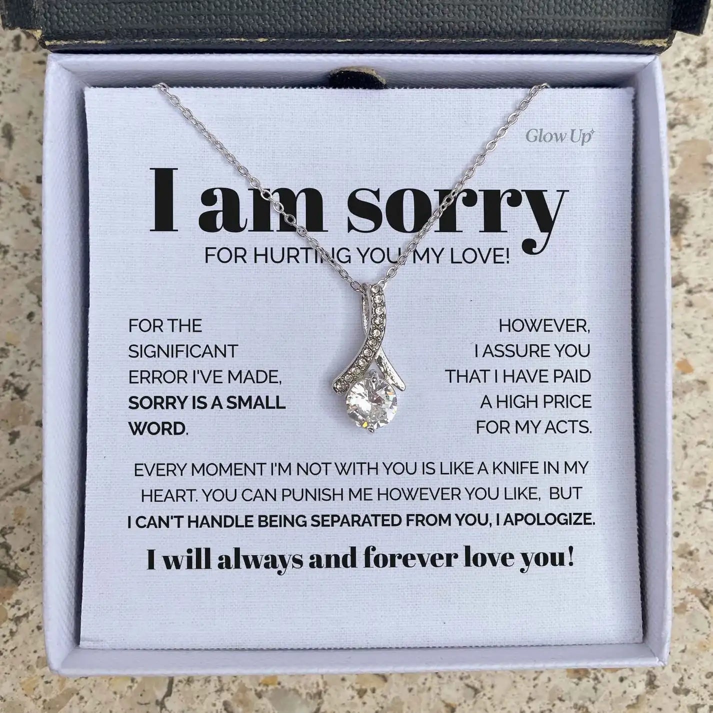 Necklace with a sentimental message card in a box