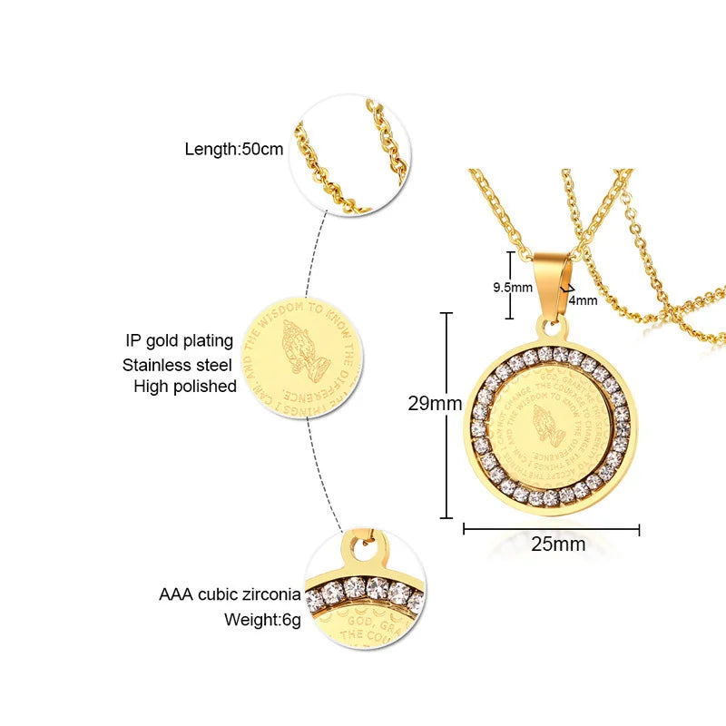 Gold necklace with pendant on a white background, showing measurements and material details.