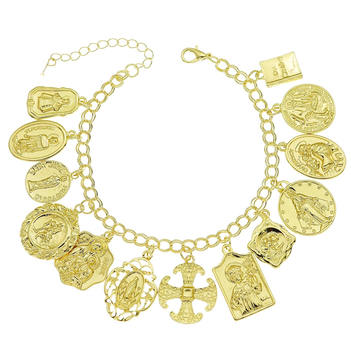 Gold charm bracelet with various charms on a white background