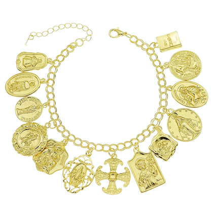 Gold charm bracelet with various charms on a white background
