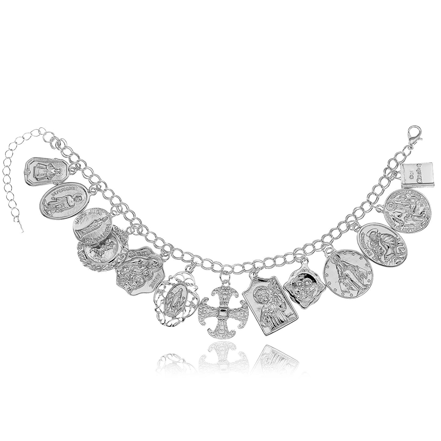 Silver charm bracelet with various charms on a white background