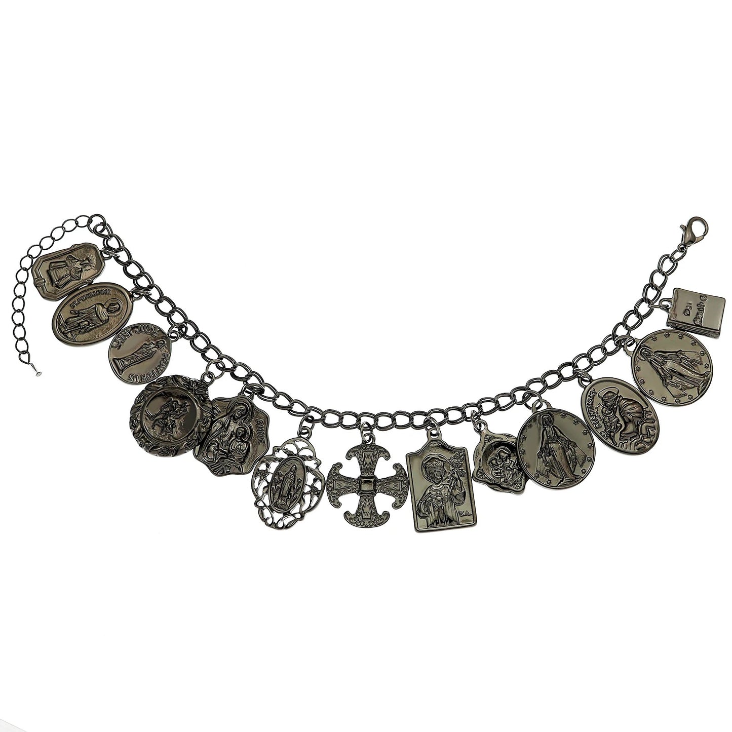 Bracelet with various charms on a white background