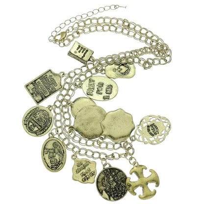 Necklace with various charms on a white background