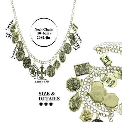 Necklace with various charms and measurements on a white background