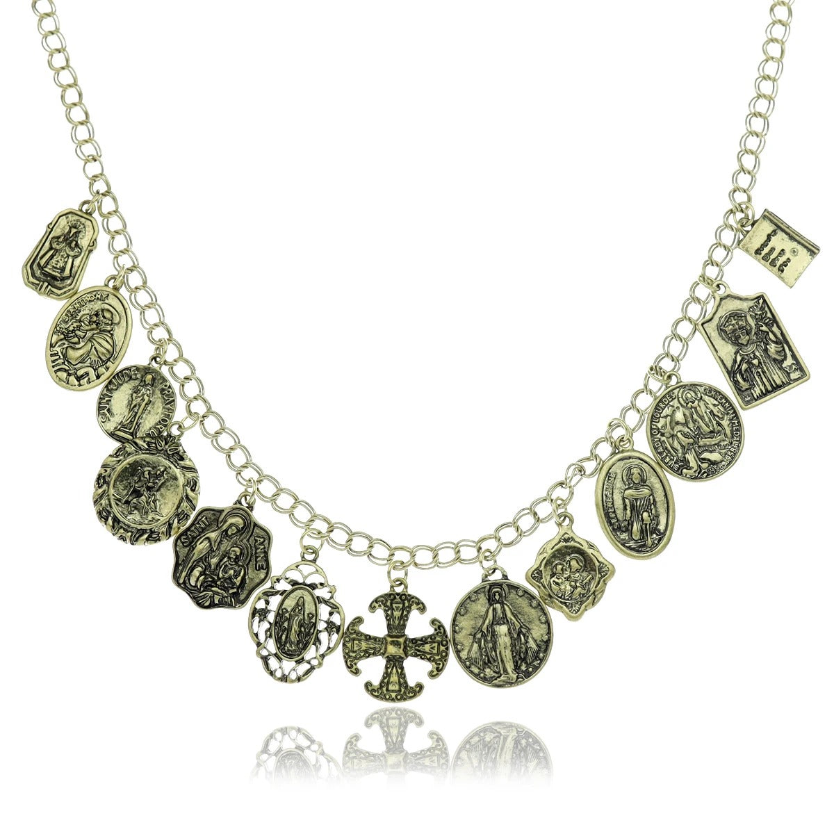 Necklace with religious charms on a white background