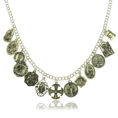 Necklace with religious charms on a white background