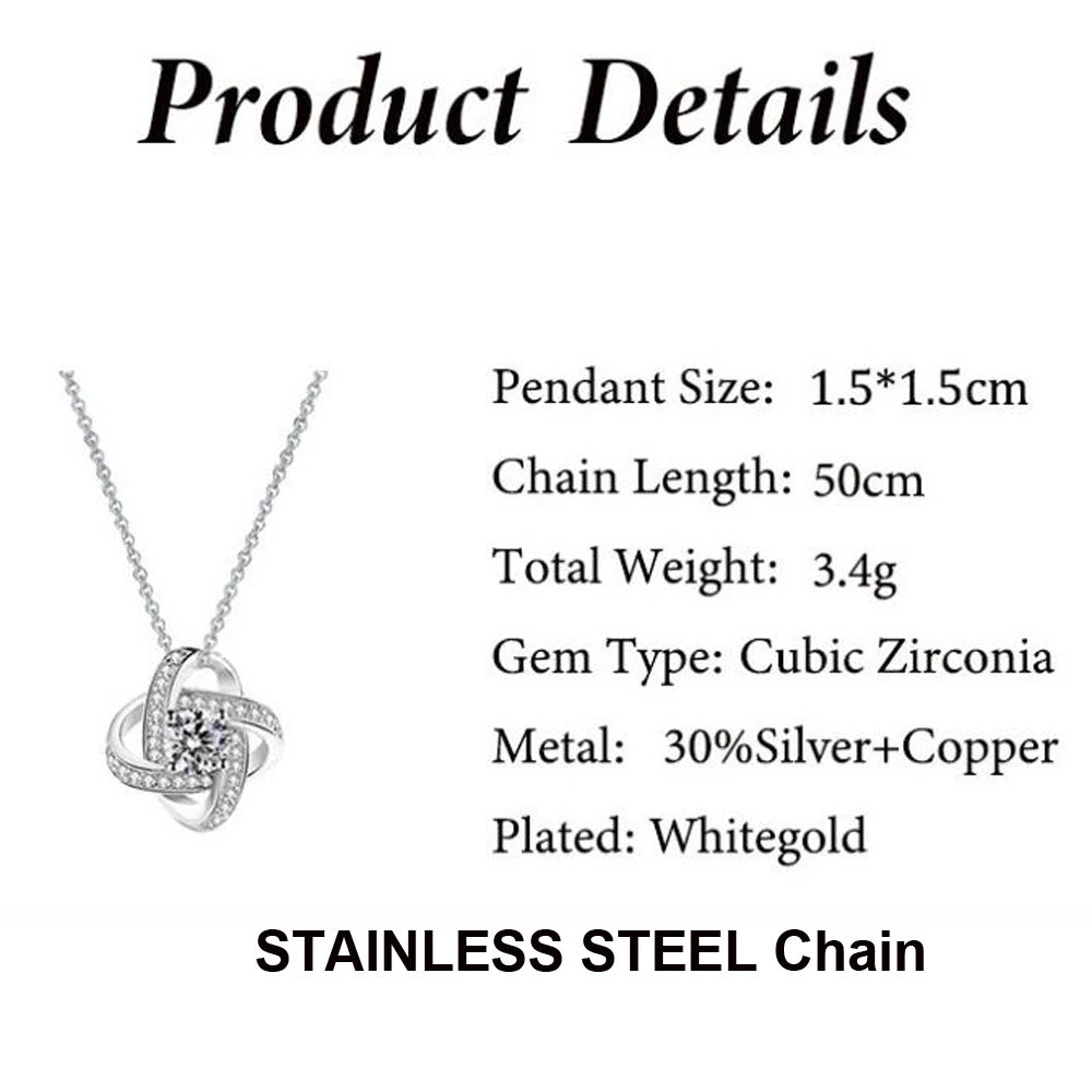 Silver pendant necklace with product details on a white background