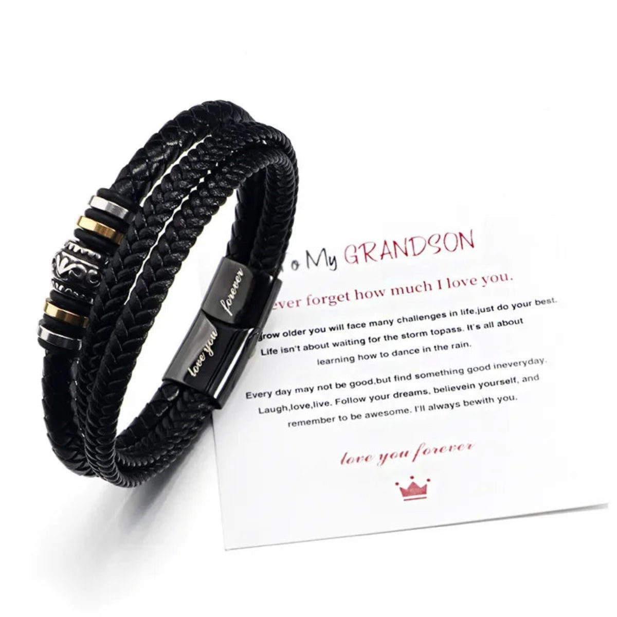 Black braided bracelet with metal clasp on a white card with text