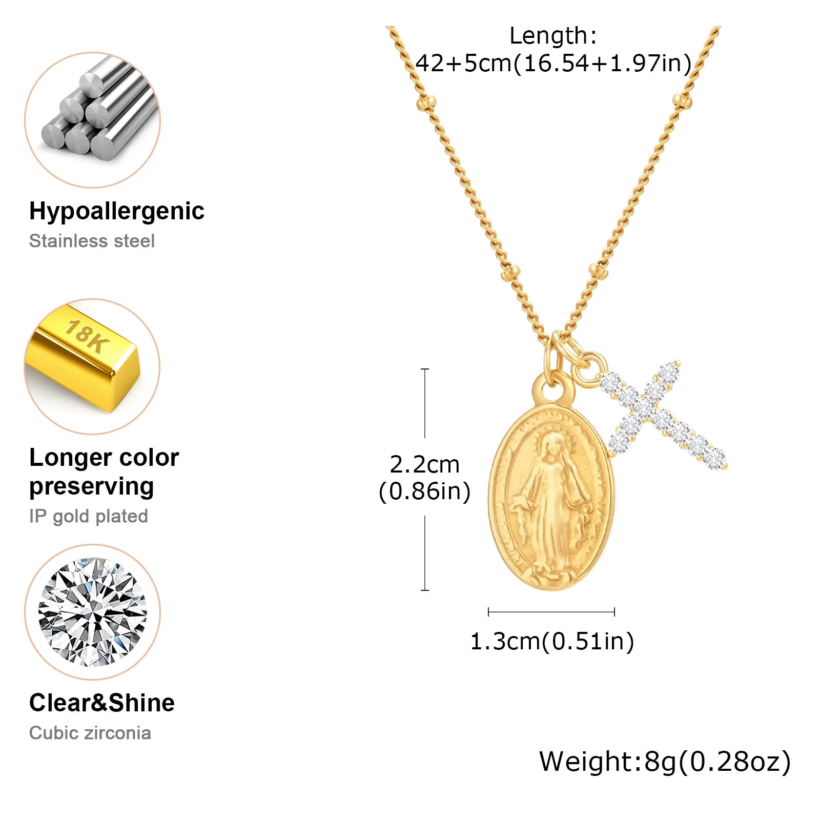 Gold necklace with pendant and cross, showing measurements and material details on a white background.