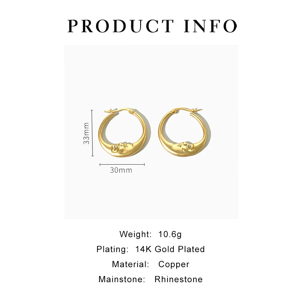 Gold hoop earrings with product information on a white background