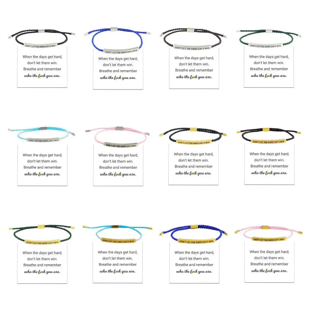 Multiple bracelets with motivational text on a white background