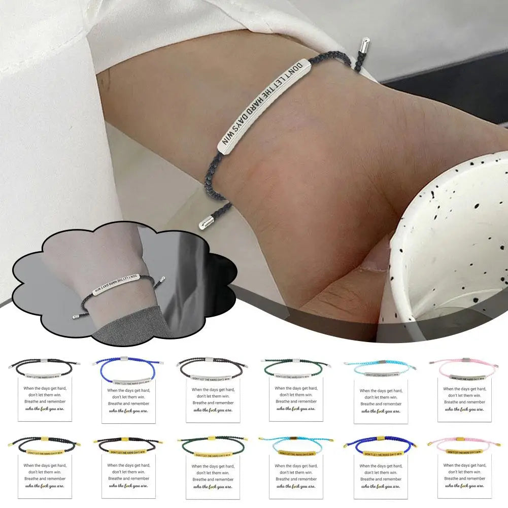 Close-up of a wrist wearing a bracelet with text, surrounded by smaller images of similar bracelets.