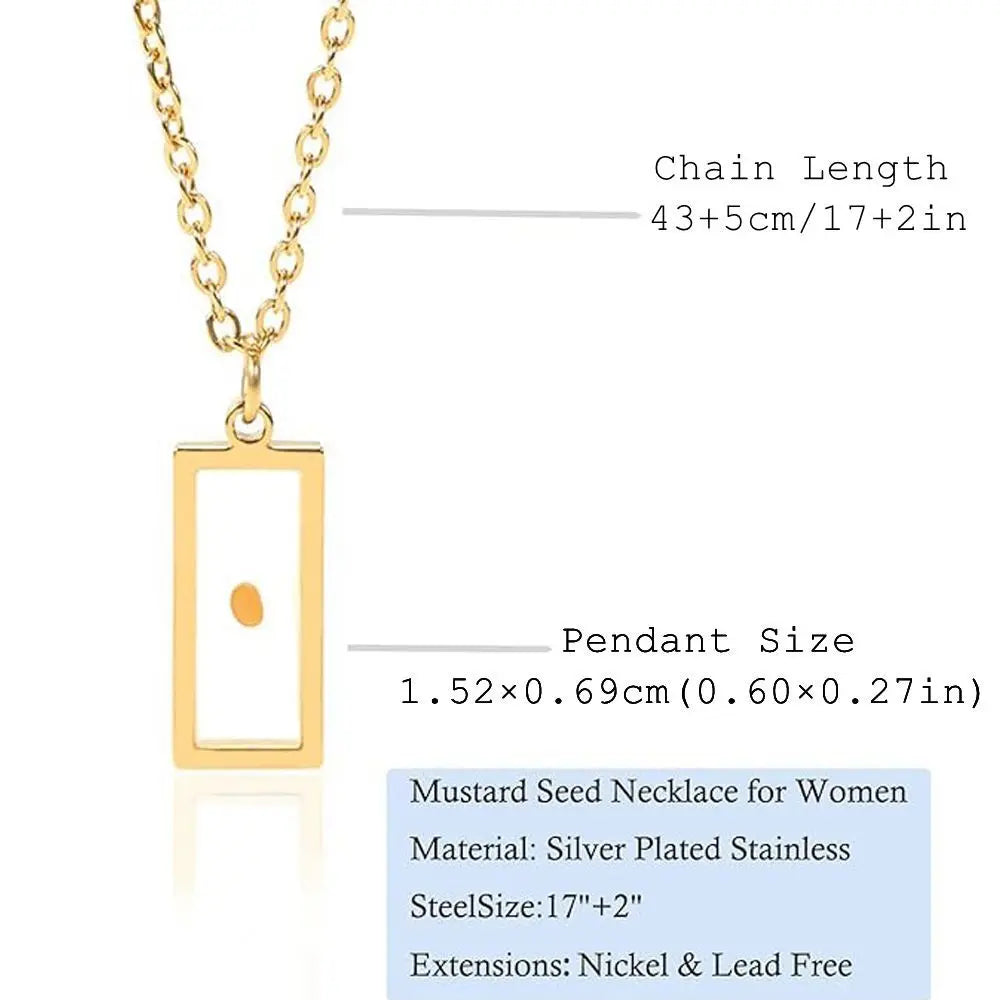 Gold necklace with a rectangular pendant on a white background, showing chain length and pendant size.