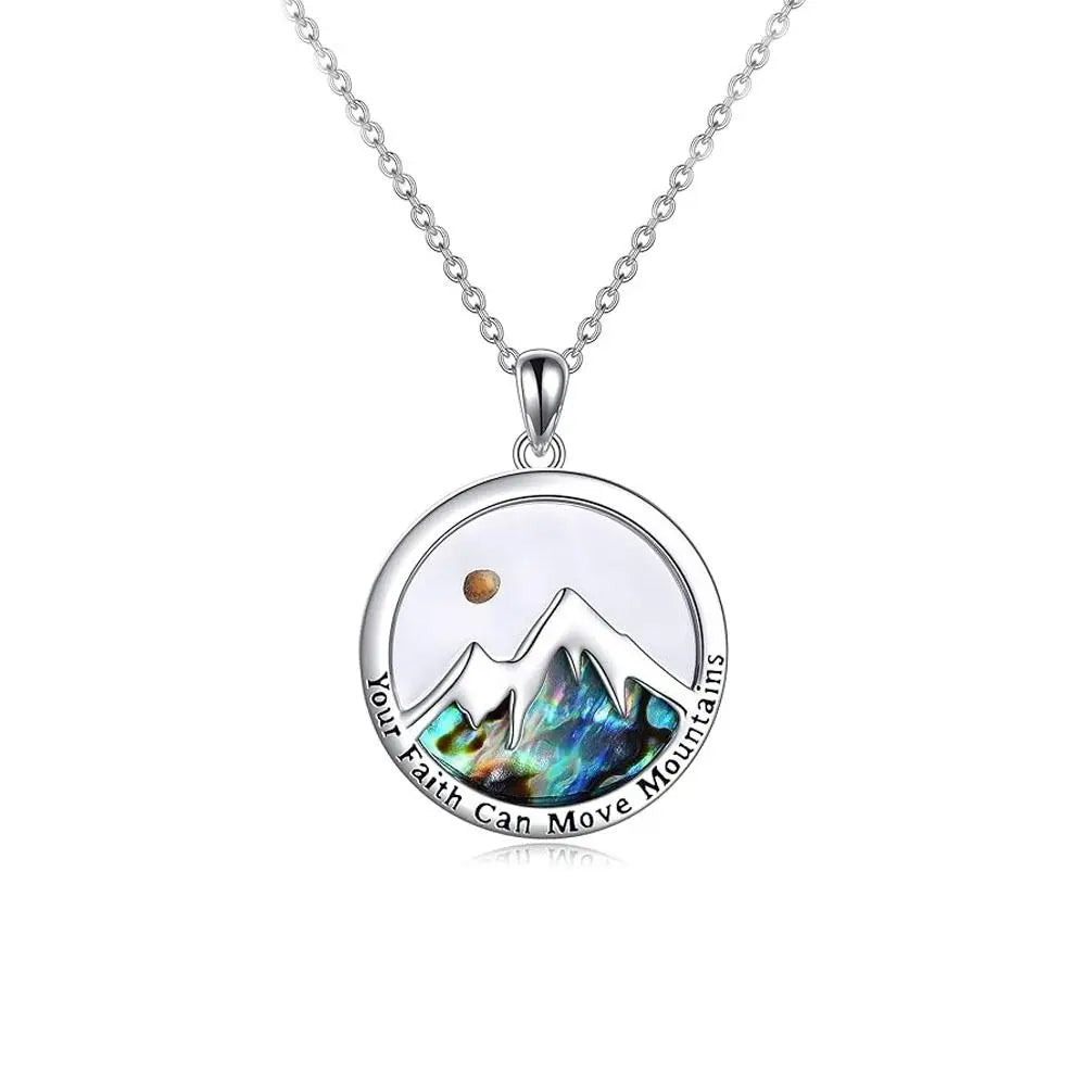 Necklace with a mountain pendant and 'Your Faith Can Move Mountains' text on a white background