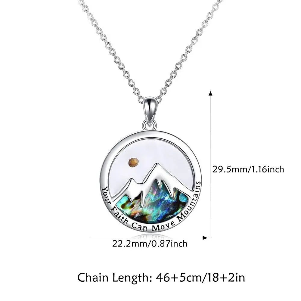 Necklace with a mountain pendant and measurement details on a white background