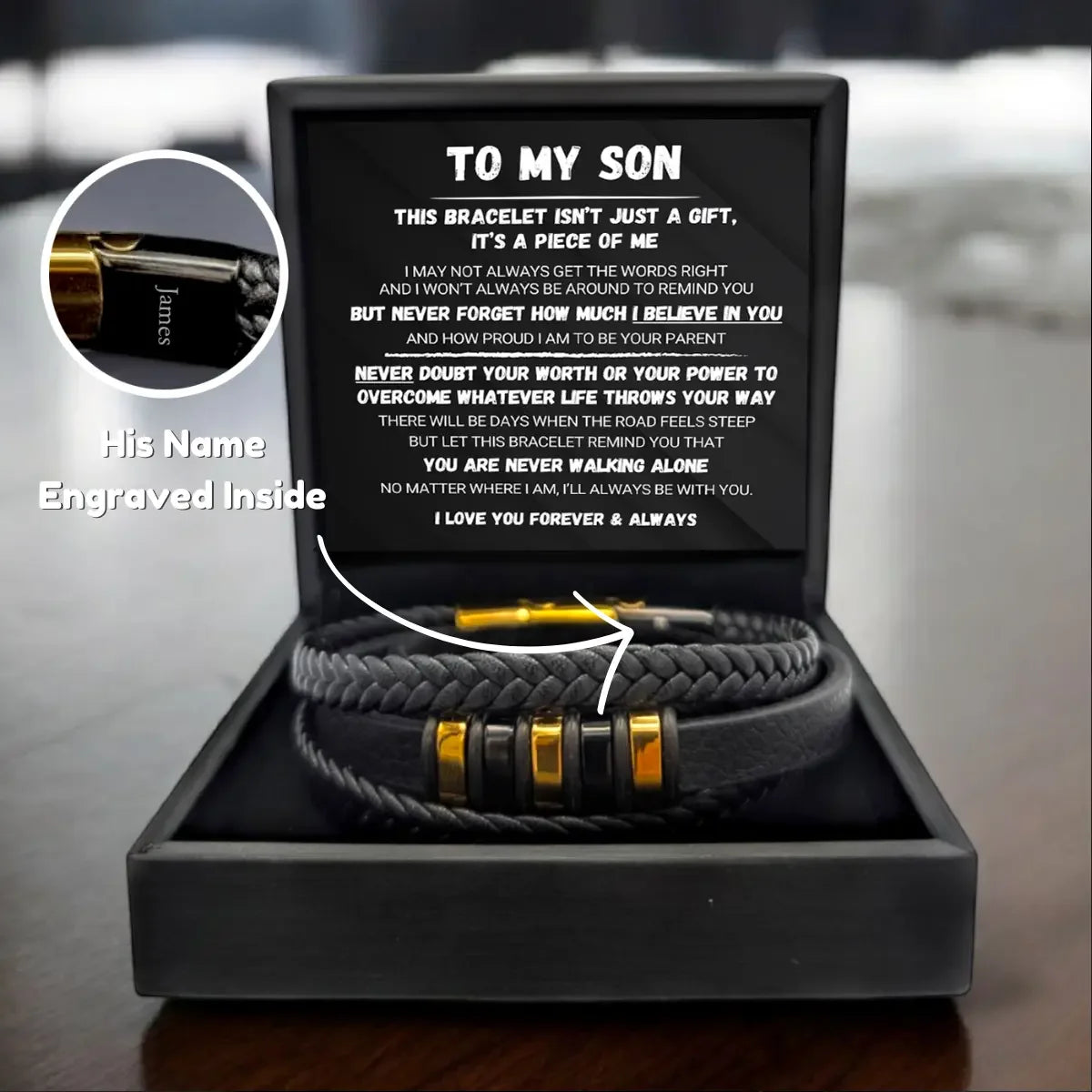 Bracelet with engraved message and option to engrave name inside, displayed in a box.