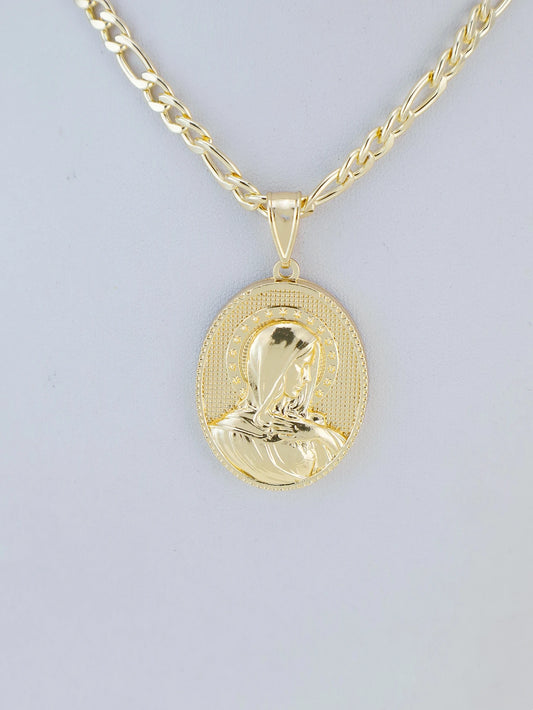 Gold necklace with a pendant on a light gray background