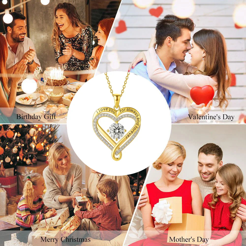 Heart-shaped necklace with 'I Love You' engraving surrounded by family and romantic scenes.