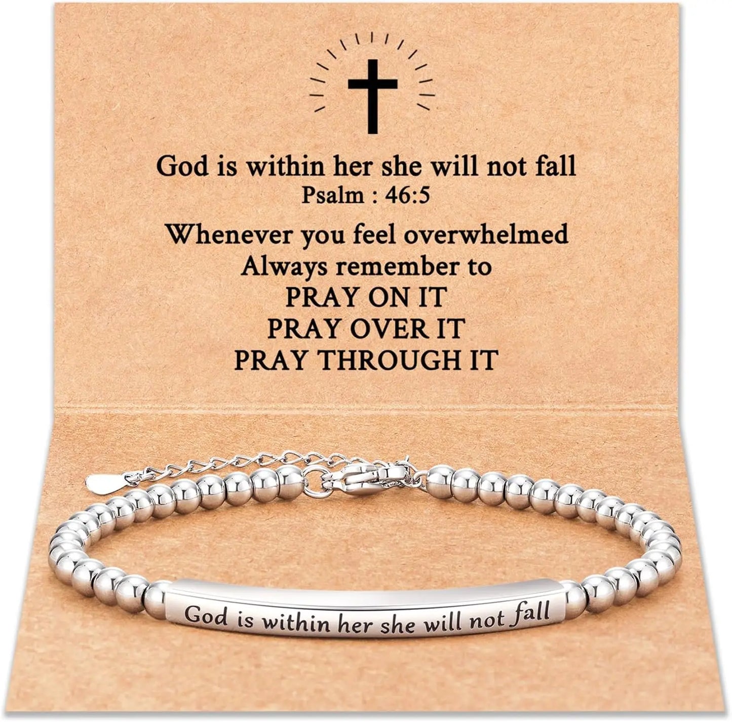 Silver bracelet with engraved message on a cardboard backing with text